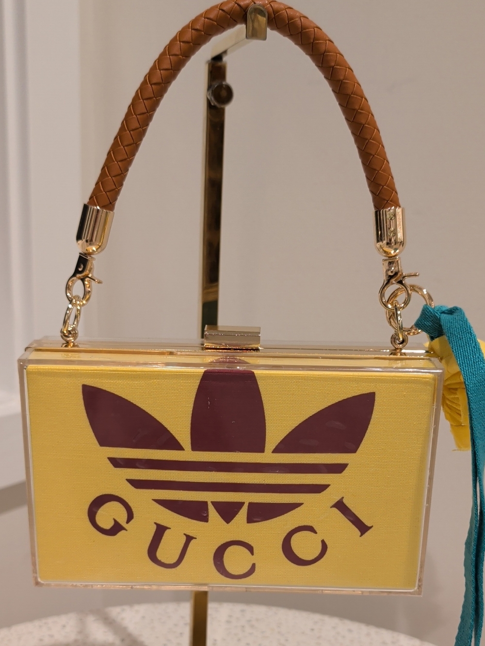 Upcycled Yellow Acrylic Box Bag with Brown Braided Handle and Maroon Logo